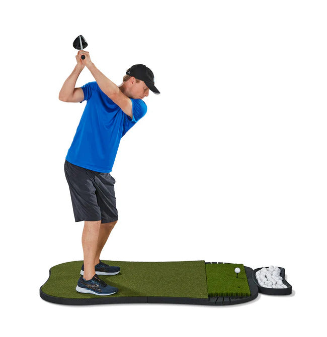 FiberBuilt Hourglass Pro Single Hitting Mat Rear View with Golfer