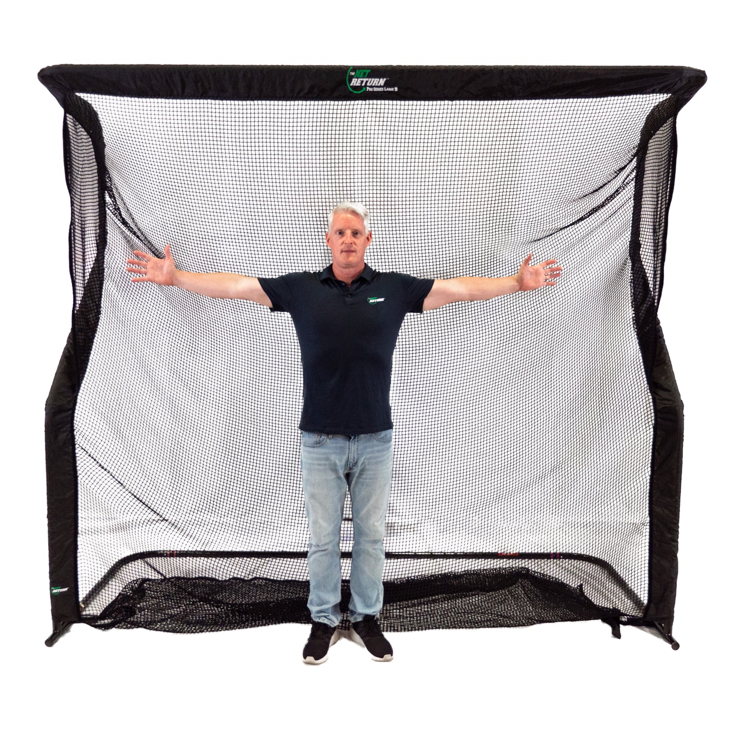 Net Return Pro Series V2 Large Front View With Golfer Stretching Hands In Front