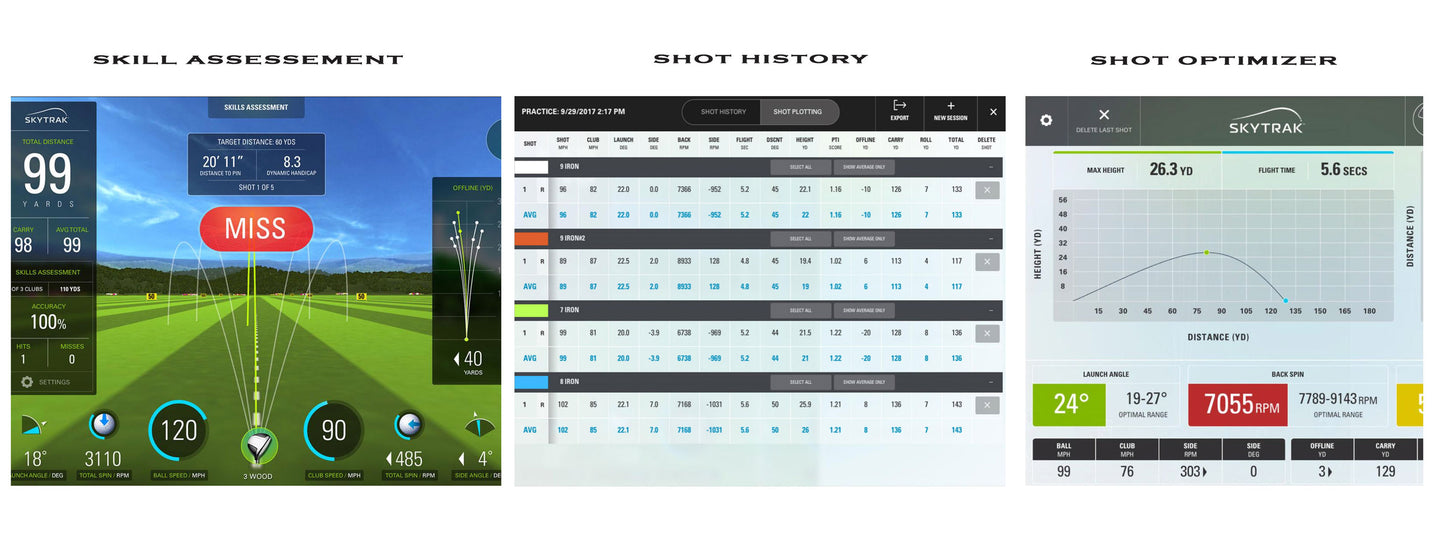 SkyTrak Golf Launch Monitor Skill Assessment Shot History and Shot Optimizer