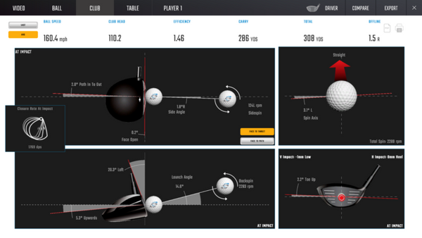 Golf Simulator Club and Ball Data Screen Shot