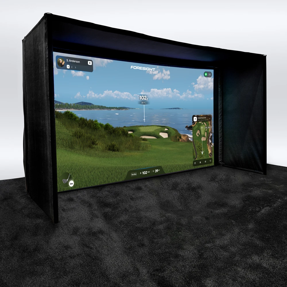 Ace Pro Enclosure 14' 6" Wide x 8' 9" High x 6' Deep with Foresight Premier golf course software on the Screen.