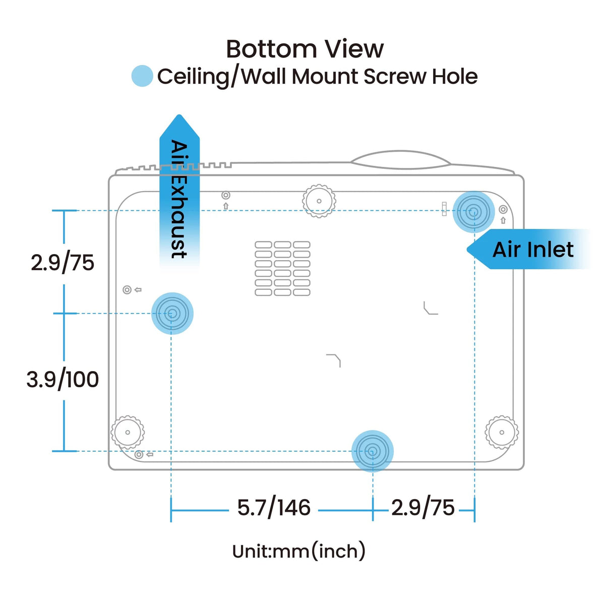 BenQ AK700ST 4k Laser Projector Bottom / Measurements