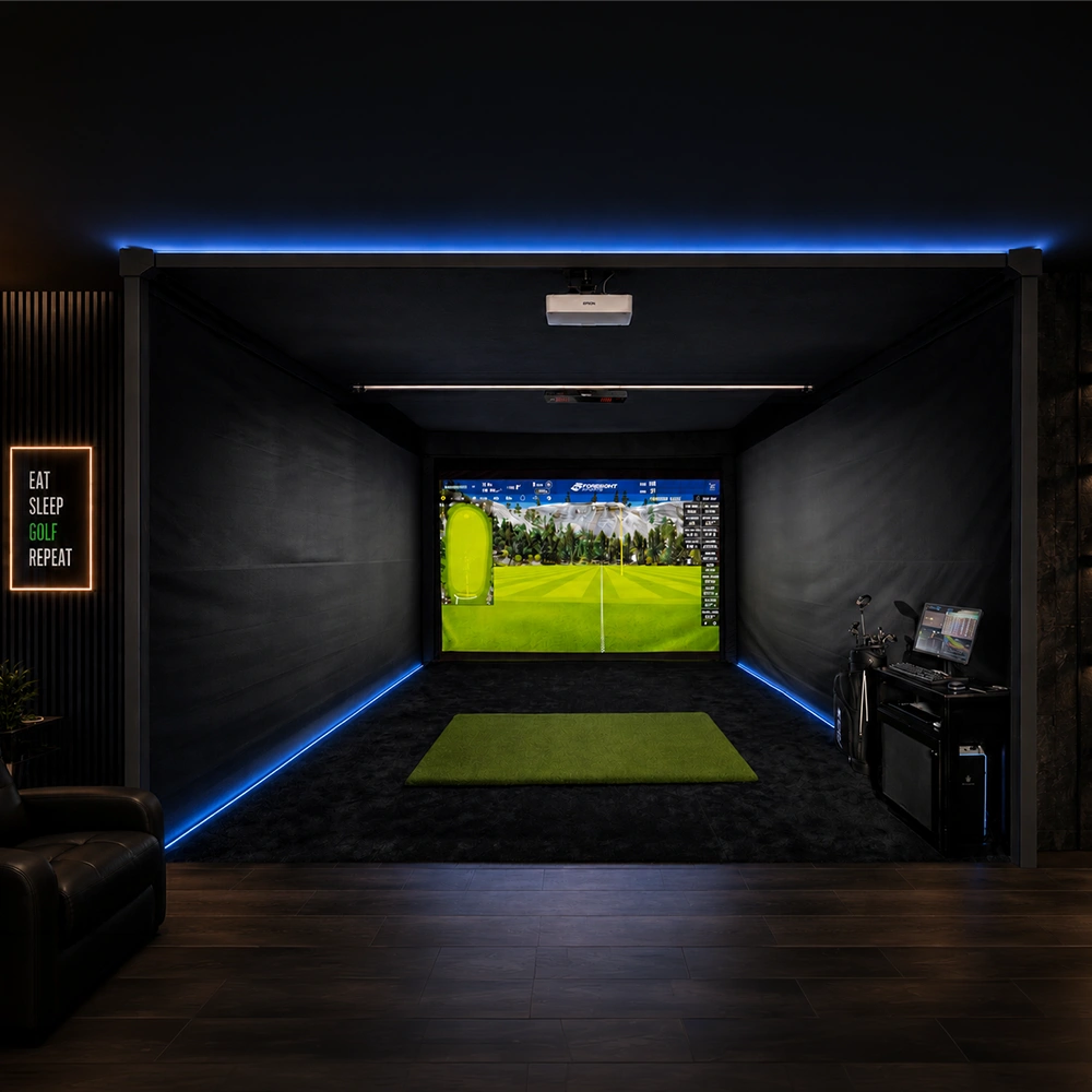 Enterprise 18' Depth Totally Enclosed Golf Simulator In Dark Game Room