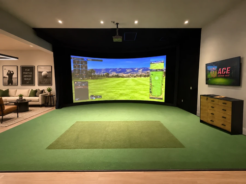 Luxury Trackman IO custom golf simulator with curved screen and curtains.