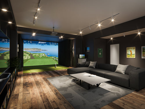 Golf Simulator In Dark Brown Room With Track Lighting