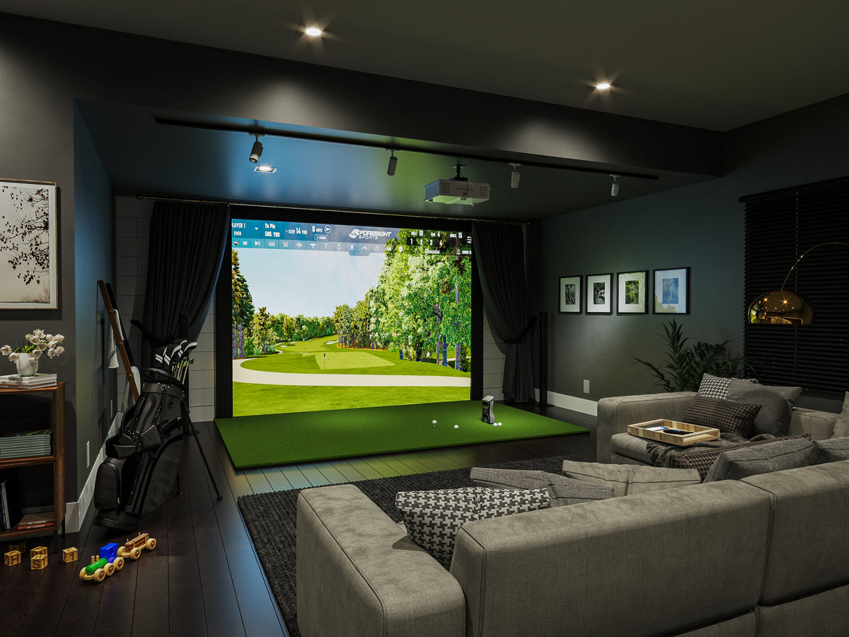 In Home Golf Simulator Room With Grey Leather Couch
