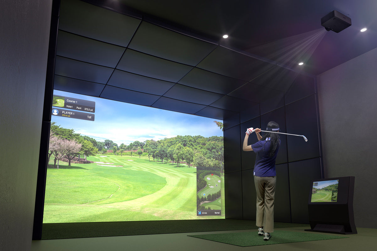 Epson L695SU short throw 3LCD projector ceiling mounted in a golf simulator