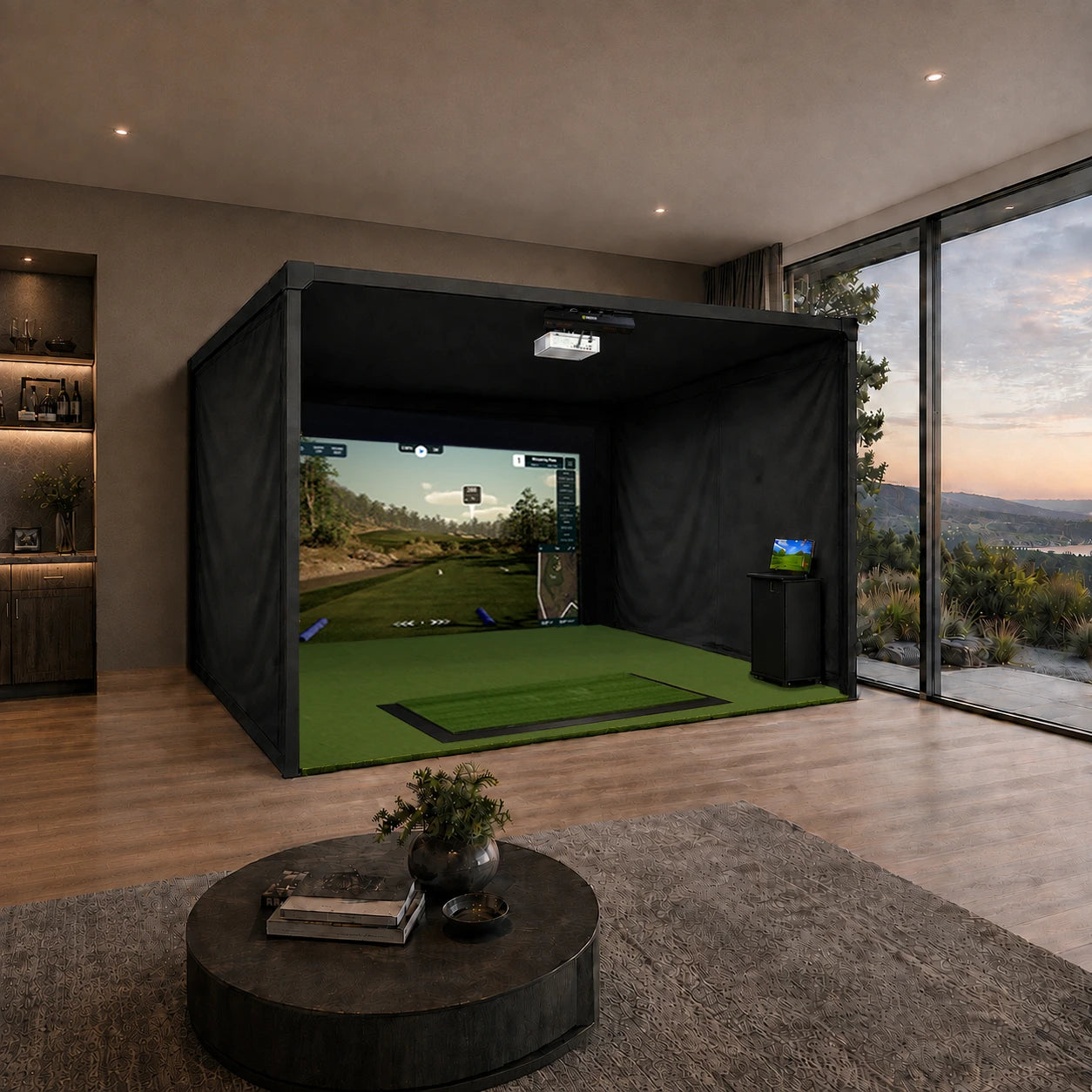 Side View Uneekor Eye XR Golf Simulator Package with Platinum 15' Wide x 15' Deep x 10' High Enclosure and Epson L695 Projector