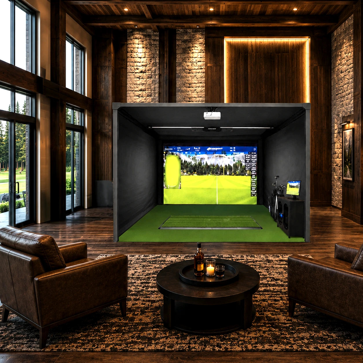 Foresight Falcon with Platinum 18' Deep Fully Enclosed Golf Simulator Enclosure Front View
