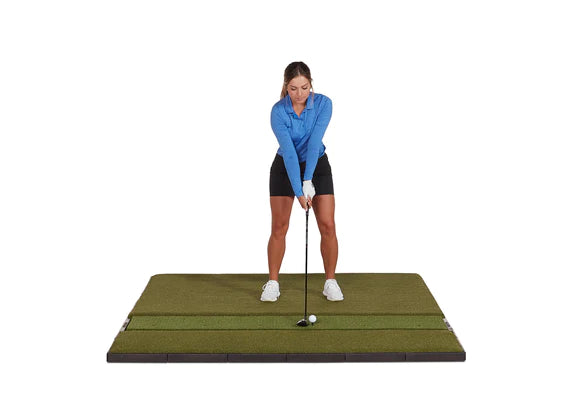 Front view FiberBuilt 7' x 6' studio series mat with golfer