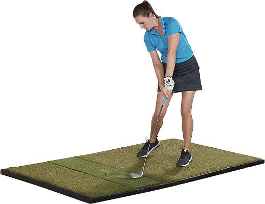 Golfer swinging on Studio Series single hitting golf mat