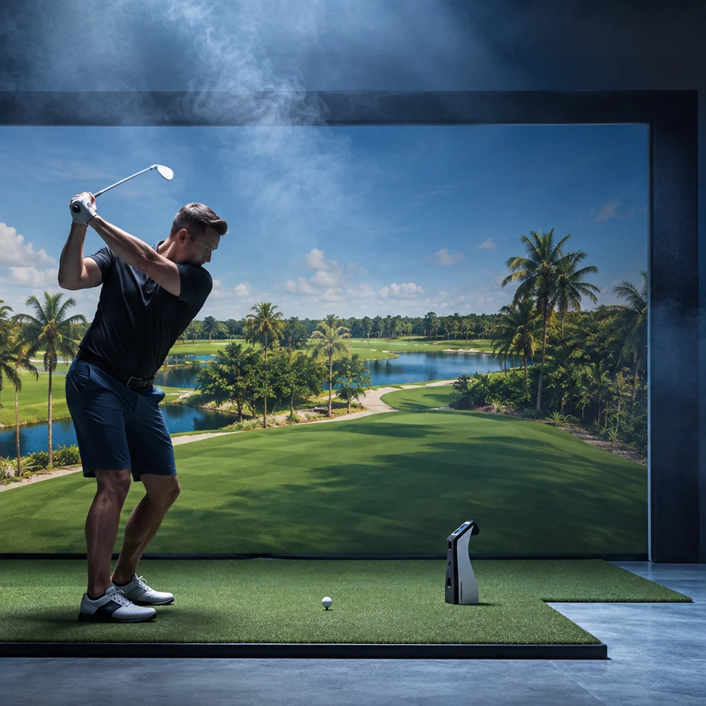 Foresight GC2 2026 launch monitor sitting on green turf in dark golf simulator with a large golf impact screen with a golf course image on it and a golfer in his back swing.