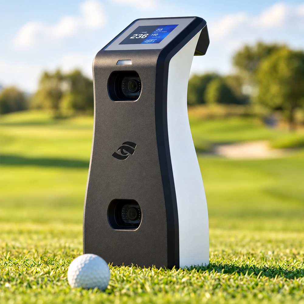 Foresight GC2 2026 launch monitor front view sitting on driving range with golf ball in front.