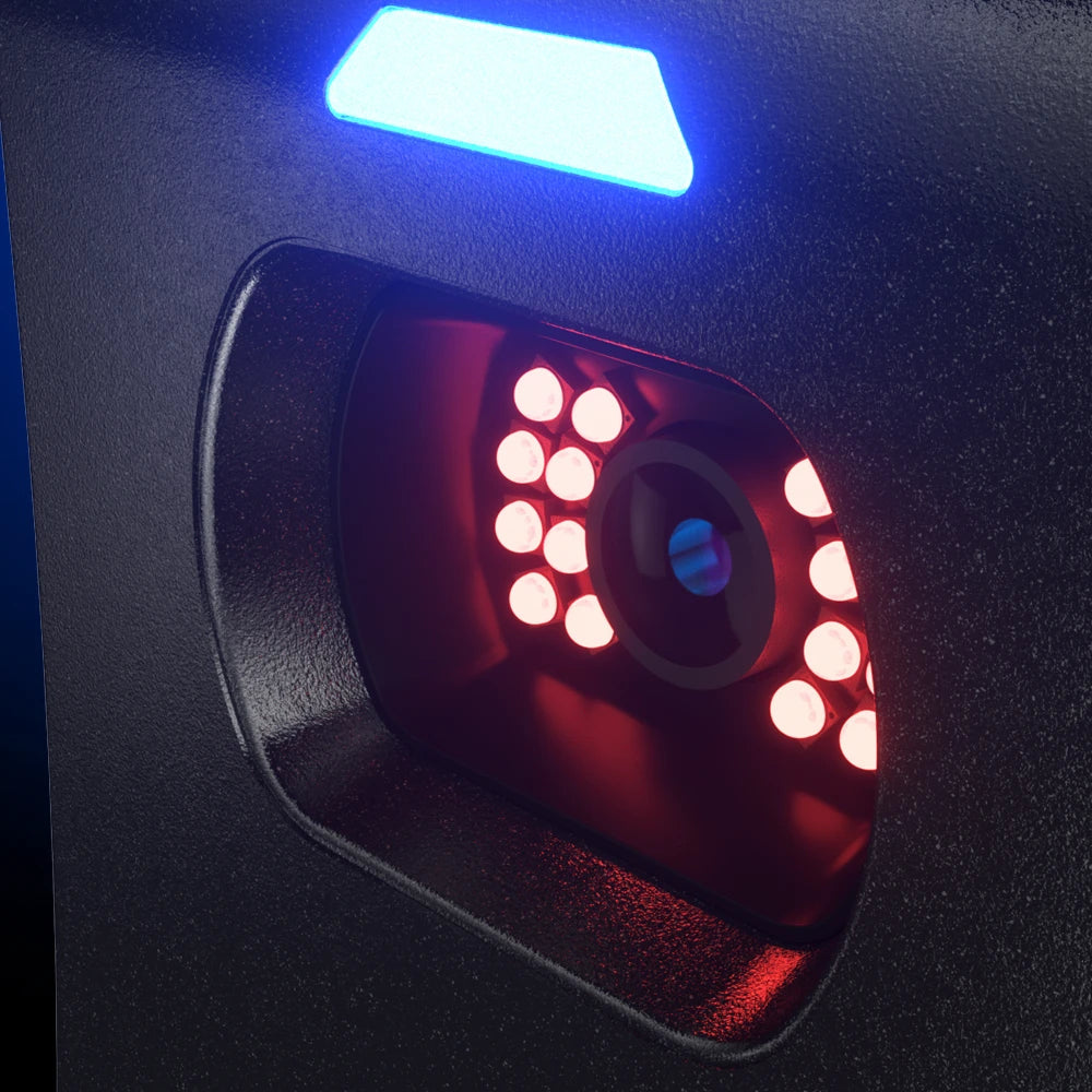 Close-up of one GC2 Launch monitor high-speed camera lense surrounded by circular red LEDs, and a bright blue light bar above it.