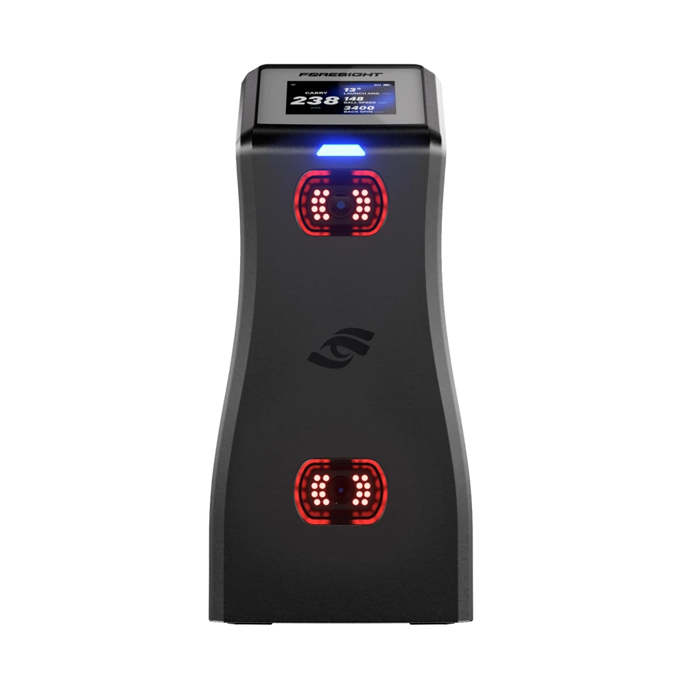 Foresight GC2 launch monitor front view on a white background with the blue hitting zone indicator light lit.