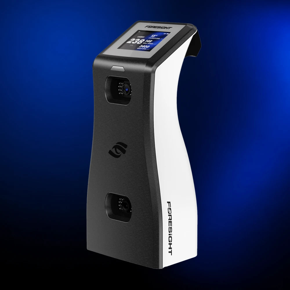 Foresight GC2 golf simulator front/side view showing two cameras and color  screen with carry yardage