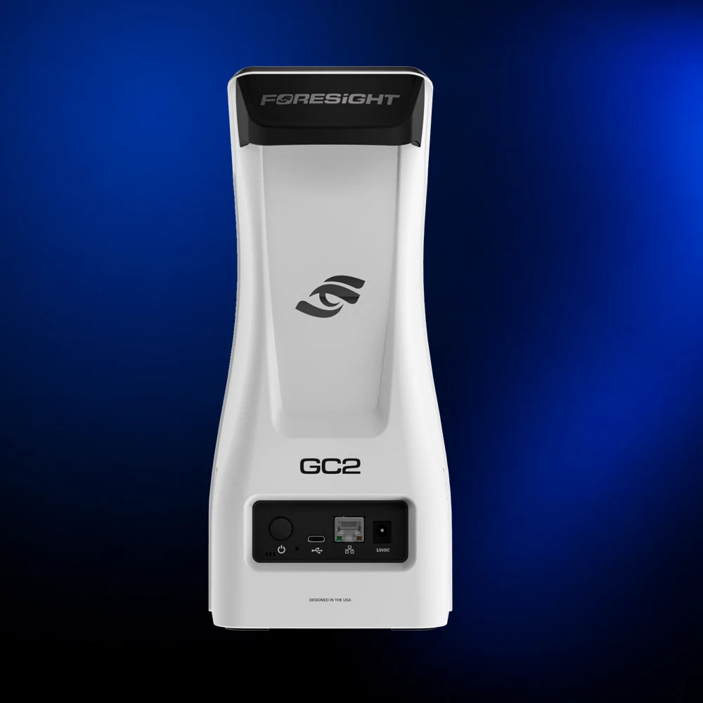 Foresight GC2 rear view showing handle, power button, USBC, and Ethernet connections, centered against a dark blue gradient background.