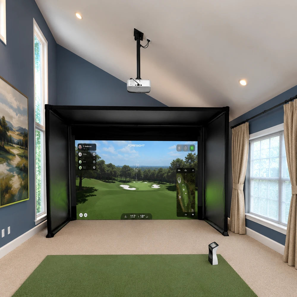 Foresight GC2 golf simulator package in a two story family room with a Medalist golf simulator enclosure , Epson 1781 projector, CC2 launch monitor and golf hitting mat.