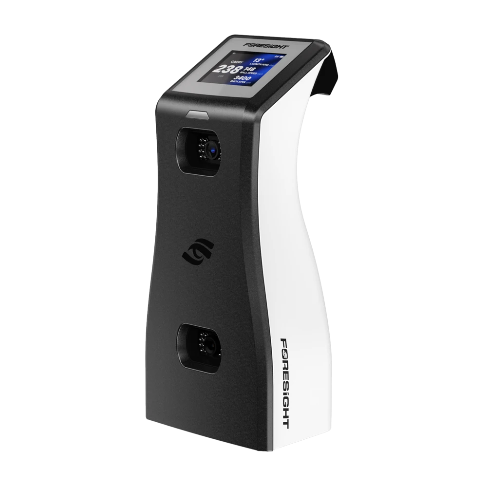 Foresight GC2 launch monitor side, top, and front view with color LCD screen and black handle.