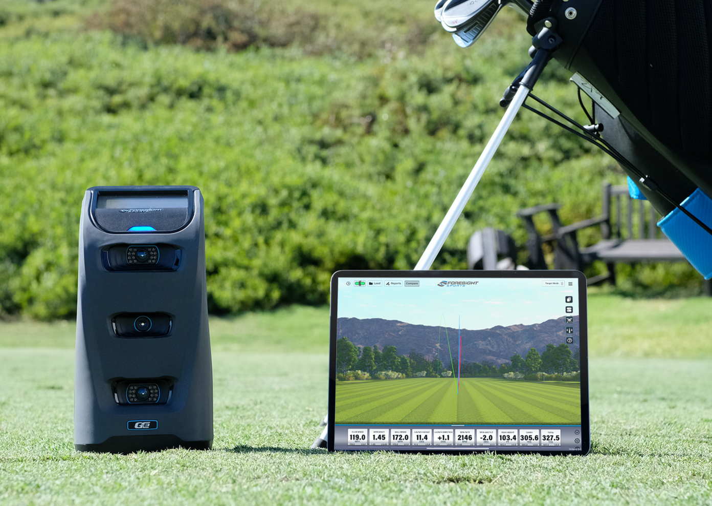 GC3 on driving range with tablet