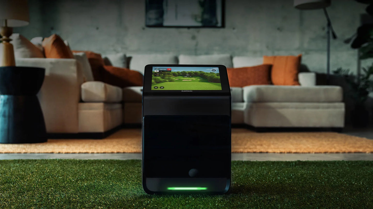 Garmin R50 launch monitor on indoor turf