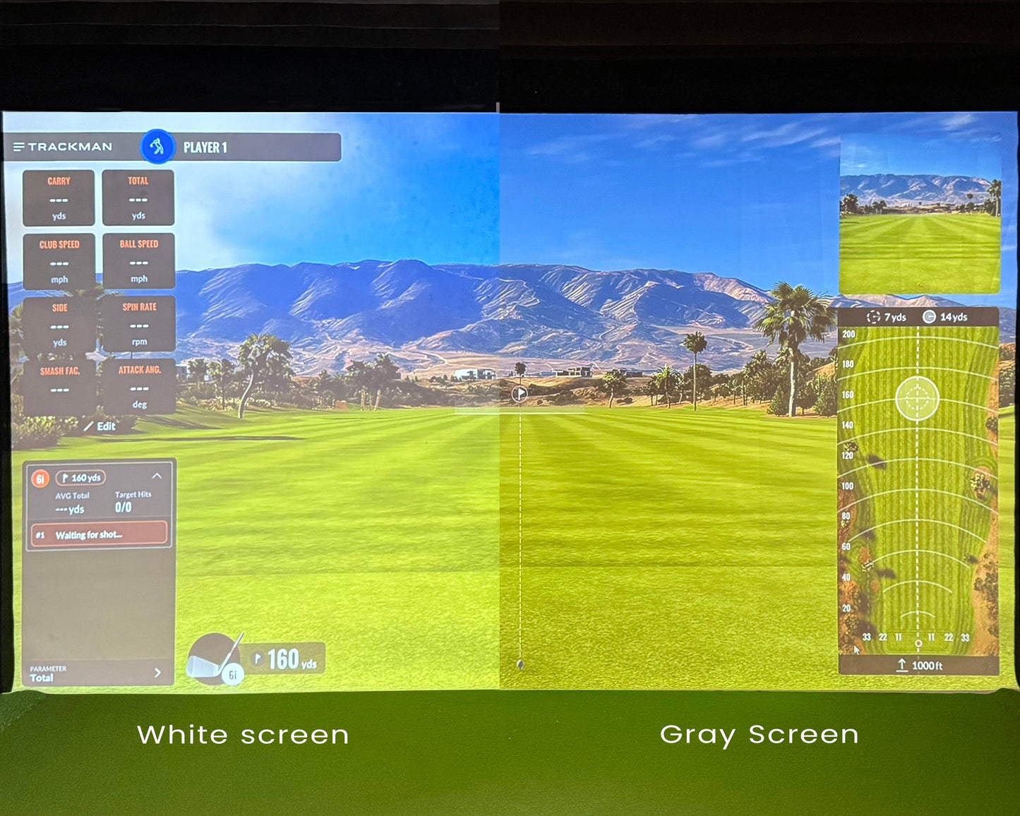 Golf simulator screen with two different screen types labeled 'White screen' and 'Gray screen'.