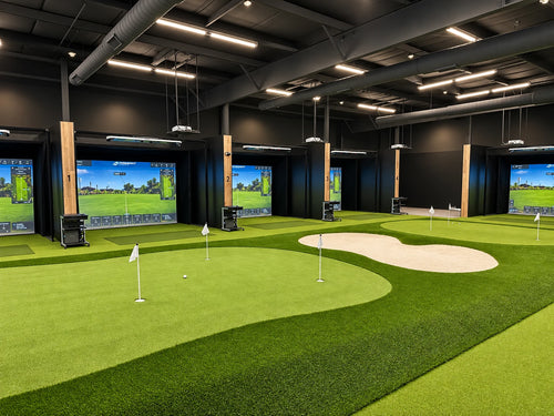 A Foresight Falcon indoor golf academy with 7 hitting bags, sand bunker and putting greens.