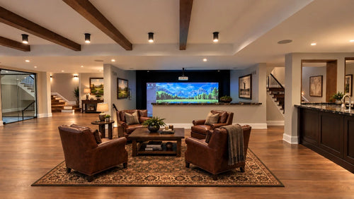 A luxury home basement with a step-down, home golf simulator in a large room with hardwood floors, dark wood ceiling beams. The room is furnished with four brown leather armchairs arranged around a wooden coffee table on a patterned area rug next to a mahagony bar.