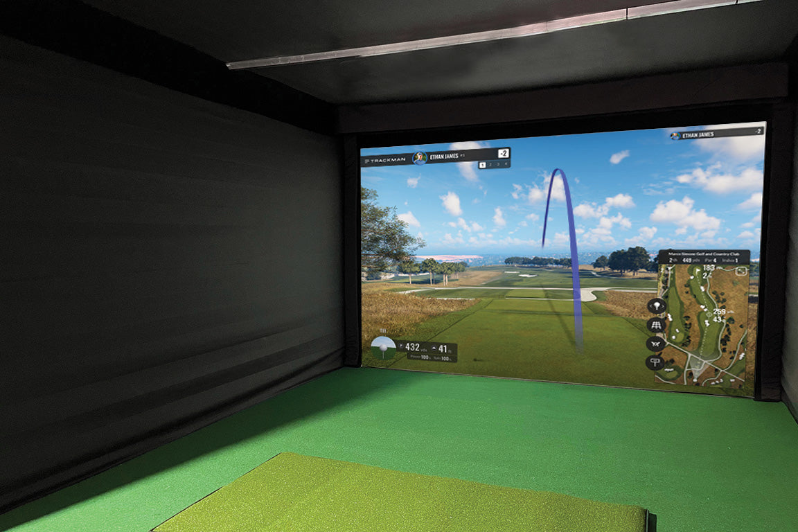 Ace Indoor Golf Platinum 15' Wide x 15' Deep x 10' High fully enclosed golf simulator enclosure.