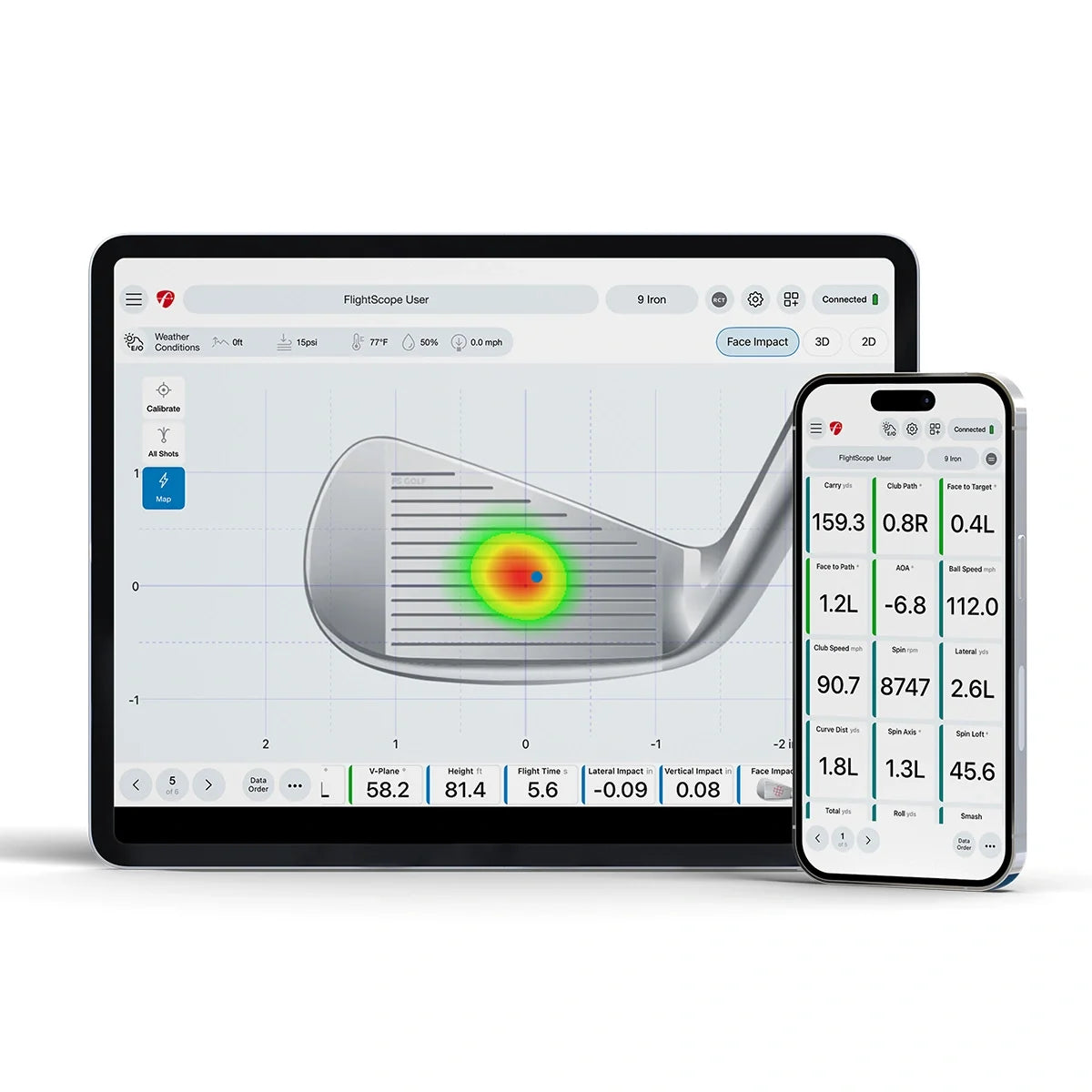 A tablet and smartphone displaying a golf club Flightscope analysis and heat map on the iron head.