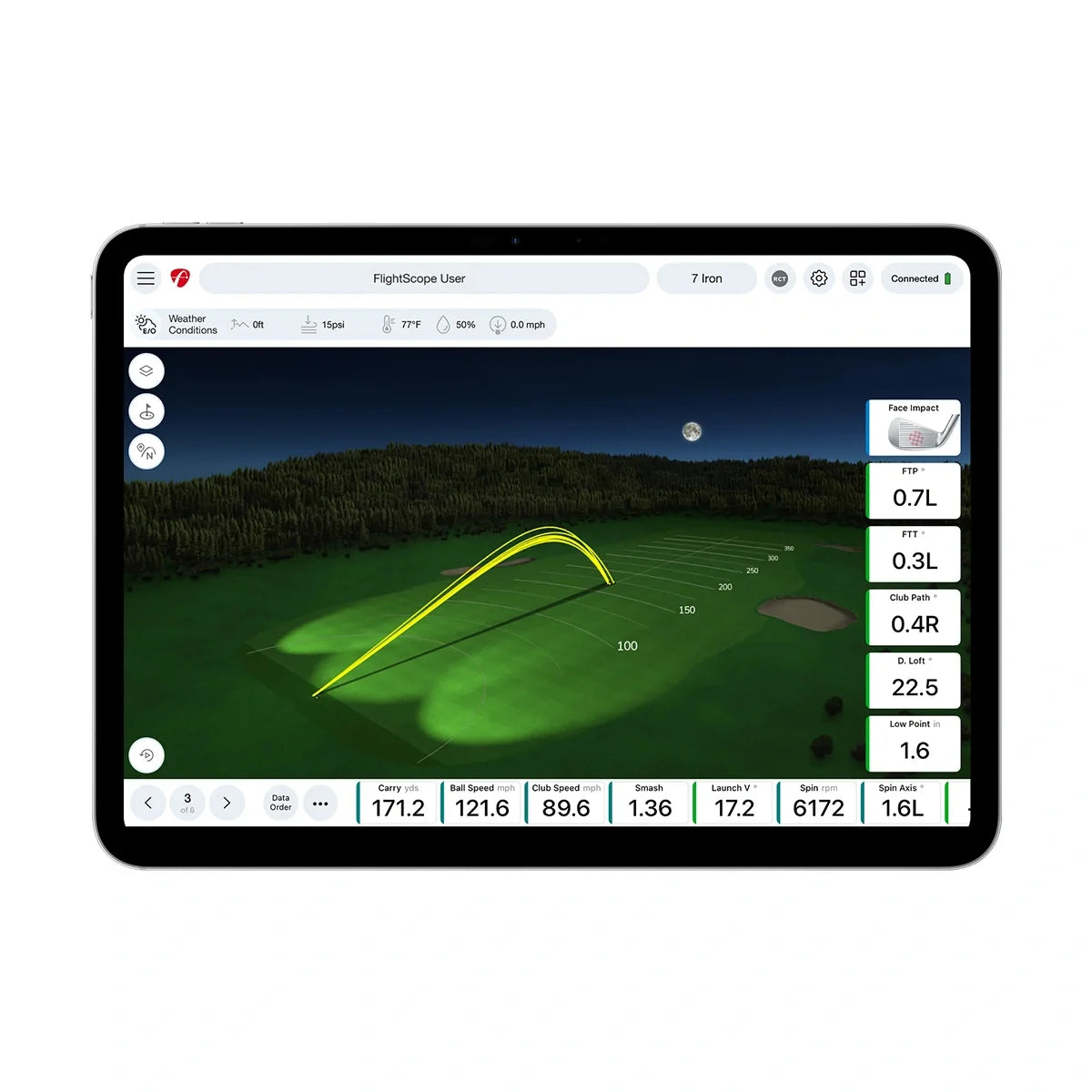 FlightScope Face Impact Location 3D Driving Range with Trajectory, FIL, and data.