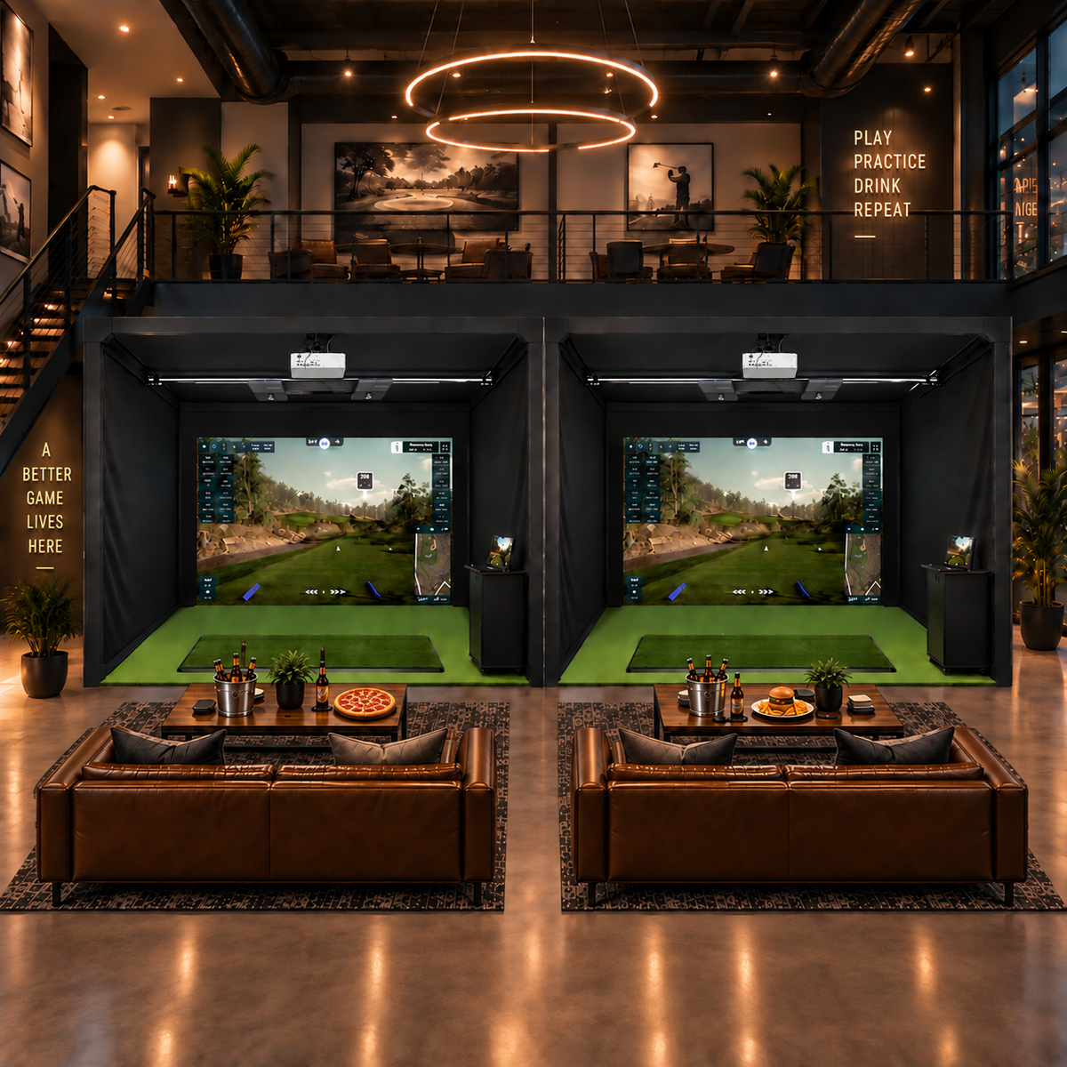 A luxury two-story indoor golf simulator facility with two open-air simulator bays featuring Trackman iO Duo Commercial golf simulators, Ace Platinum 15'L x 15'W x 10'D enclosure with green turf mats and large projection screens, Epson L695 projectors, flanked by two brown leather sofas in a modern loft setting.