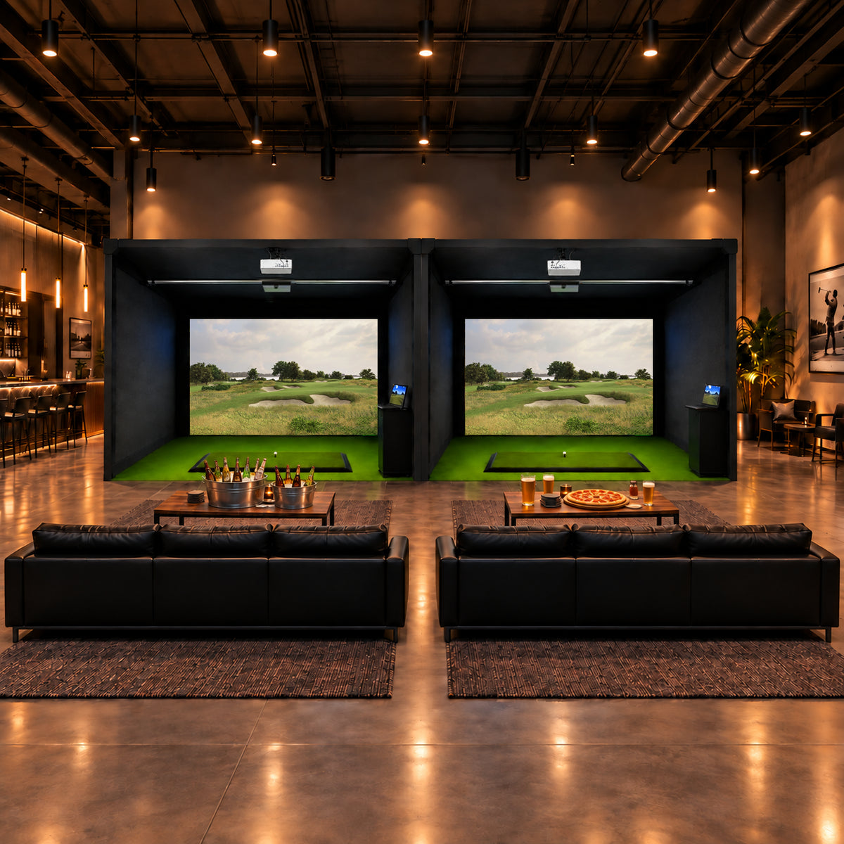 Two Trackman iO Duo Commercial Fully Enclosed Golf Simulator Bays Side By Side in a golf entertainment facility.