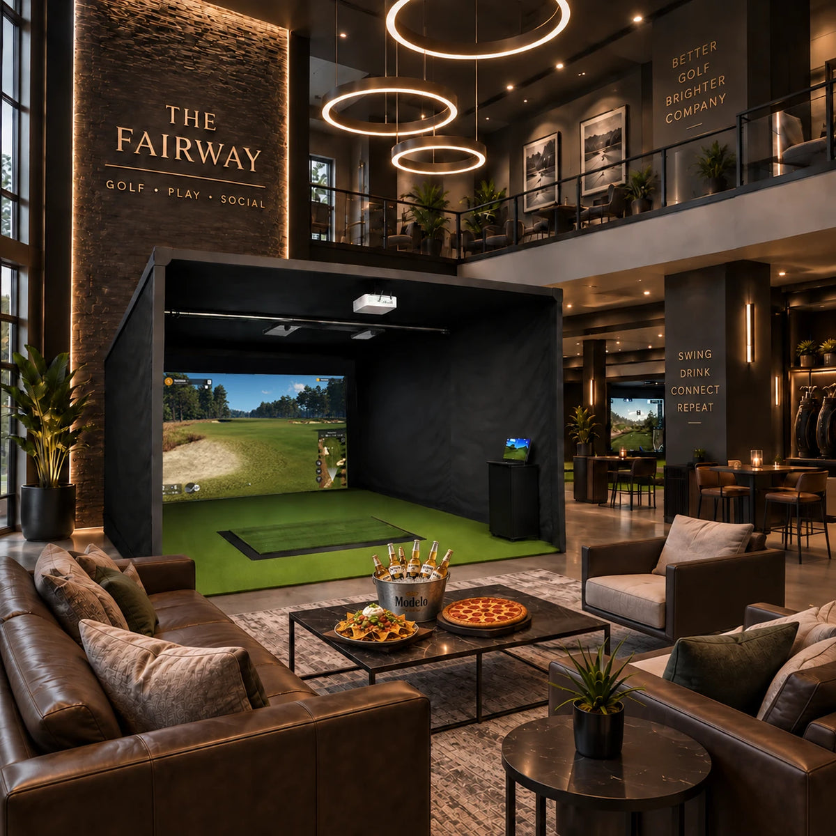 A luxury indoor golf lounge featuring a large black Ace Indoor Golf Platinum fully enclosed hitting bay with Trackman iO Duo Commercial launch monitors with a golf course screen, brown leather sofas, modern tables, and warm ambient lighting in a high-ceilinged space.