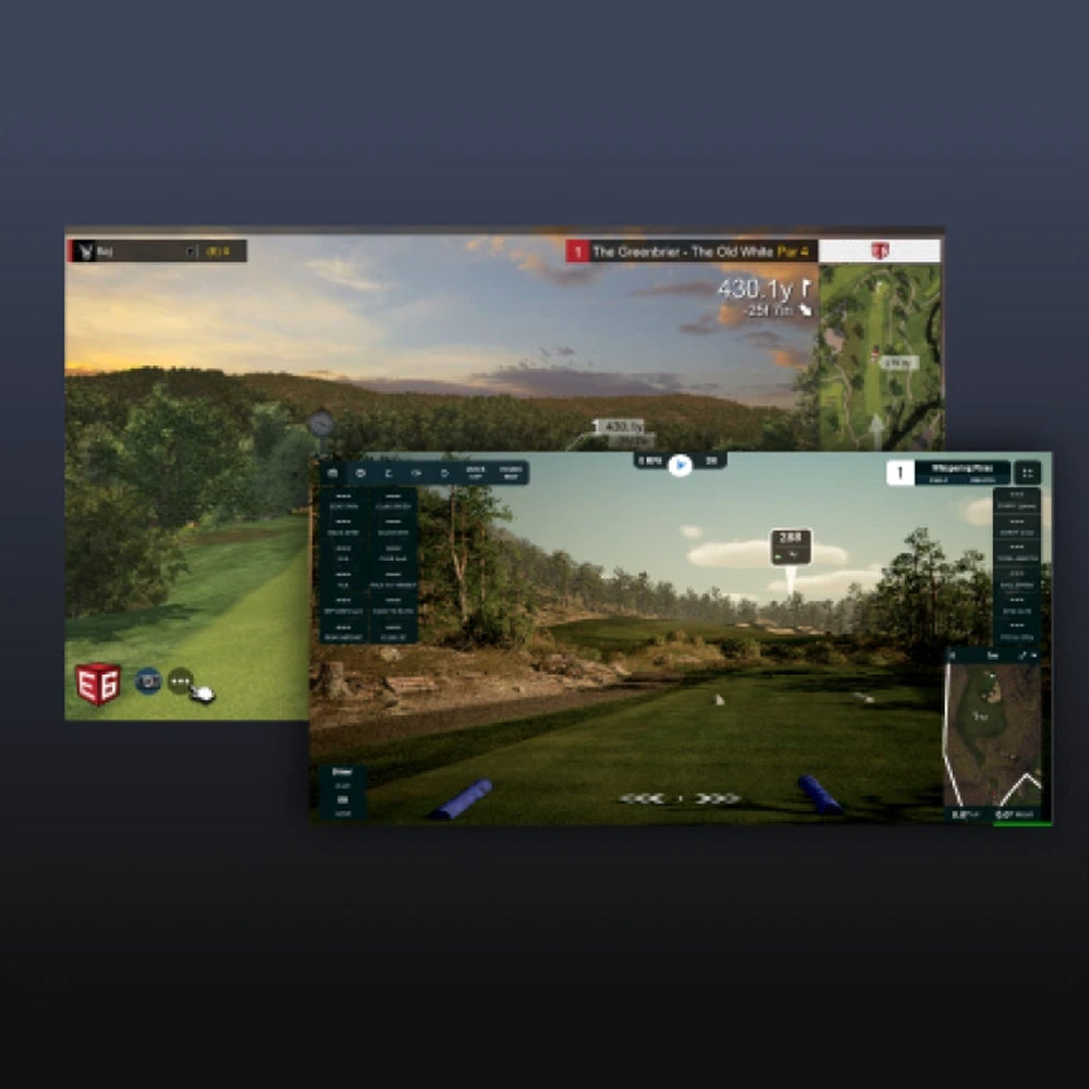 Two screenshots of GSPro and TruGolf E6 Connect golf play simulation software displayed on a dark gradient background. The top screenshot shows a scenic golf course landscape with a sunset sky, and the bottom screenshot shows a simulated golf shot on a green with course metrics and controls.