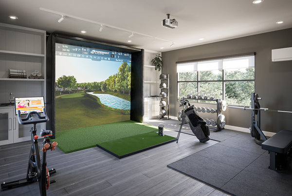 Similator Dark Wood Floors Modern Space with Golf bag and Exercise Equipment.