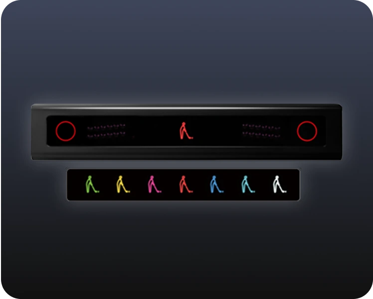 A VTrack black launch monitor with illuminated red and multicolor LED player turn indicators, shown against a dark gradient background.