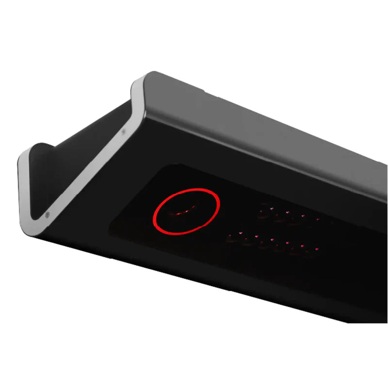 Close up of VTrack Launch Monitor round camera lens highlighted in a neon red lit circle.