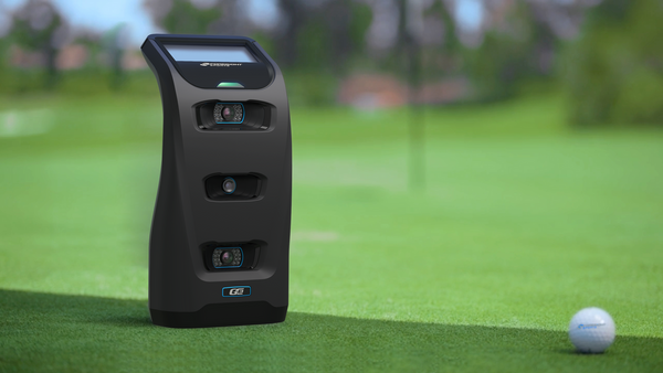 GC Quad Golf Simulator Launch Monitor on Hitting Mat.