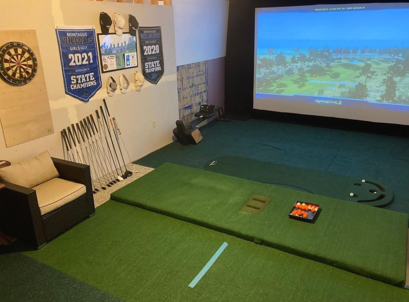 Optishot 2 Golf Simulator Launch Monitor Basement simulator setup.