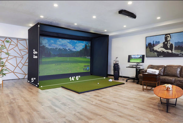 Pro Series Golf Simulator Enclosure in Residental Living Room with projector and computer (not included) Dimensions shown.
